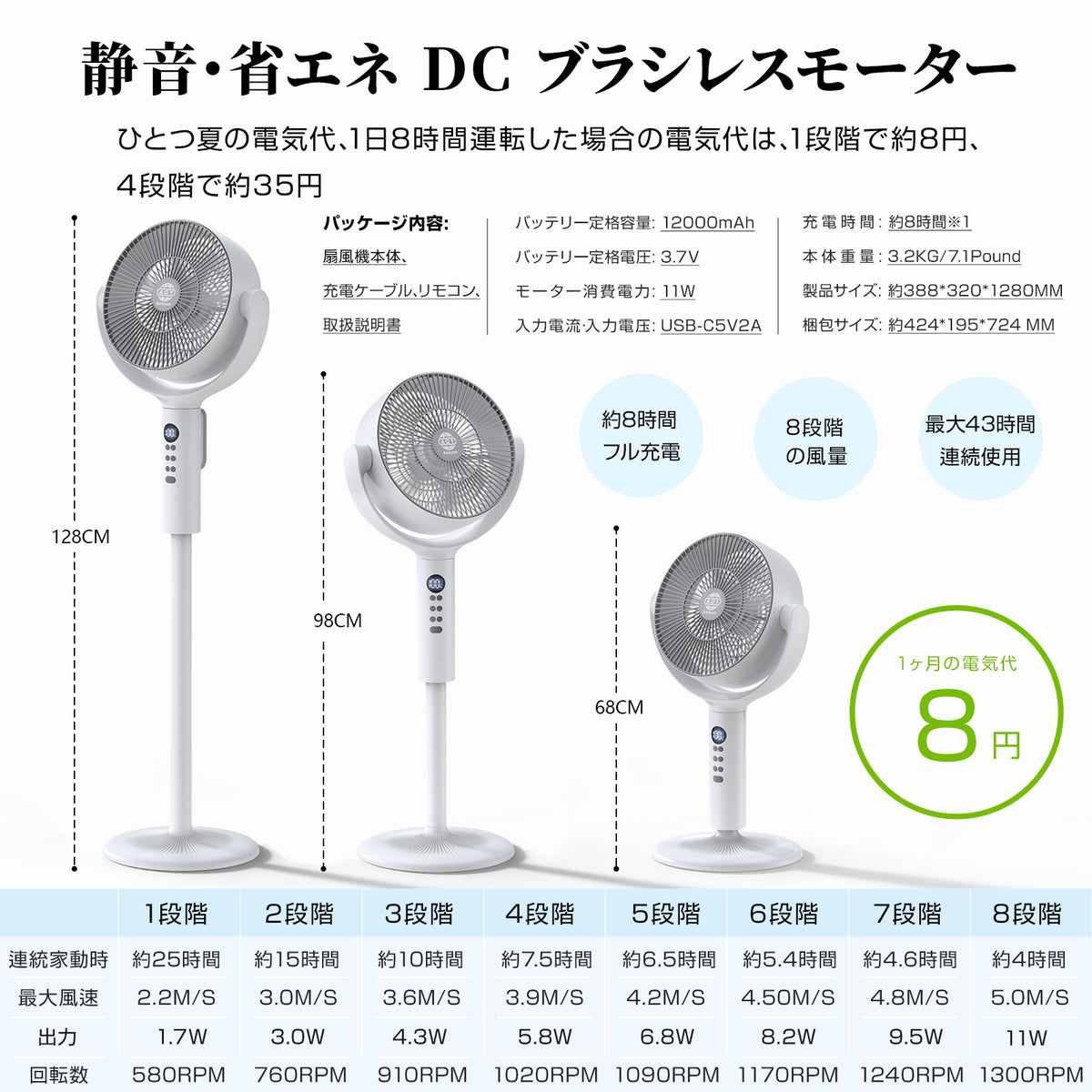 Aaoyun DX コードレススタンドサーキュレーター｜高さ3段階調整・最長25時間・35畳対応・3D自動首振り