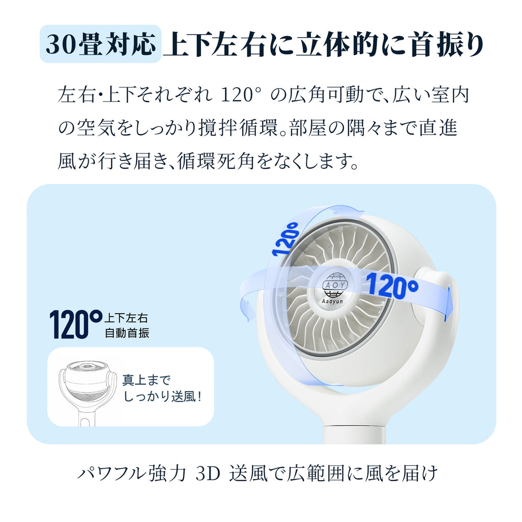 Aaoyun D1 コードレススタンドサーキュレーター｜3段階高さ調整・最長43時間・30畳対応・3D自動首振り