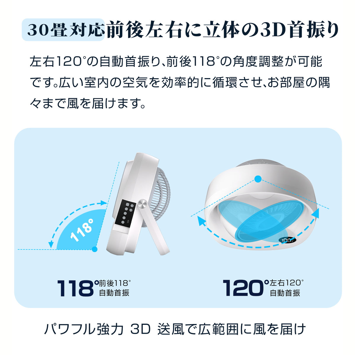 Aaoyun D3 コードレス卓上サーキュレーター｜最長43時間・30畳対応・左右120°自動首振り・LEDライト搭載